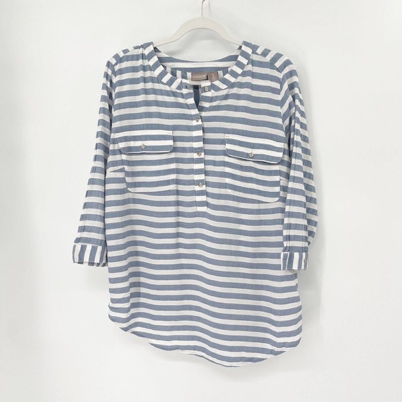 Chico's Tops - Chico's Striped Henley Blouse Sz L Blue Cotton Pockets 3/4 Sleeve Pullover